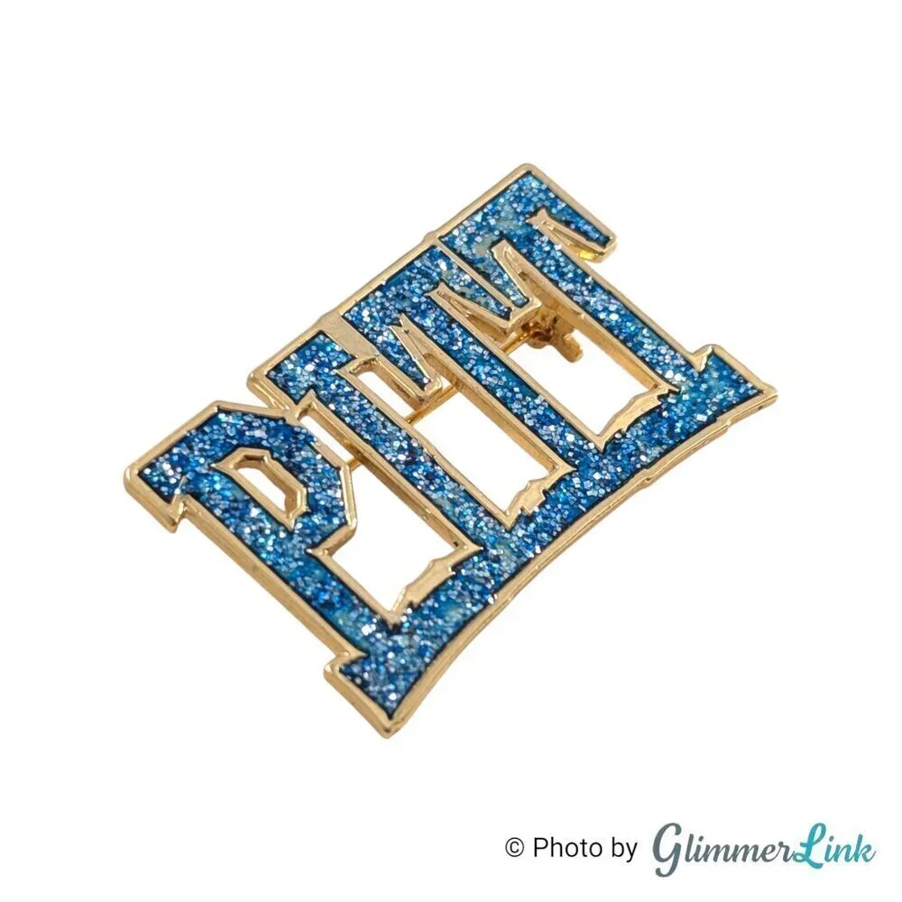 Sparkly Blue Enamel Pitt Name Las Name Gold Tone Brooch